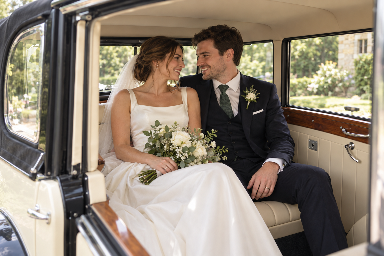 AI-created illustration of a happy bride and groom seated together in a Regent-style cream interior