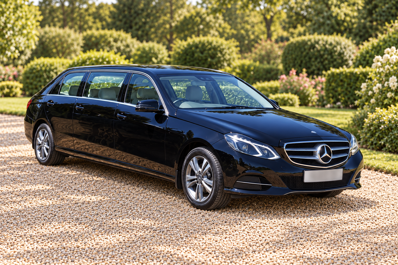 Black Mercedes passenger limousine on a garden driveway, with its number plate softly obscured