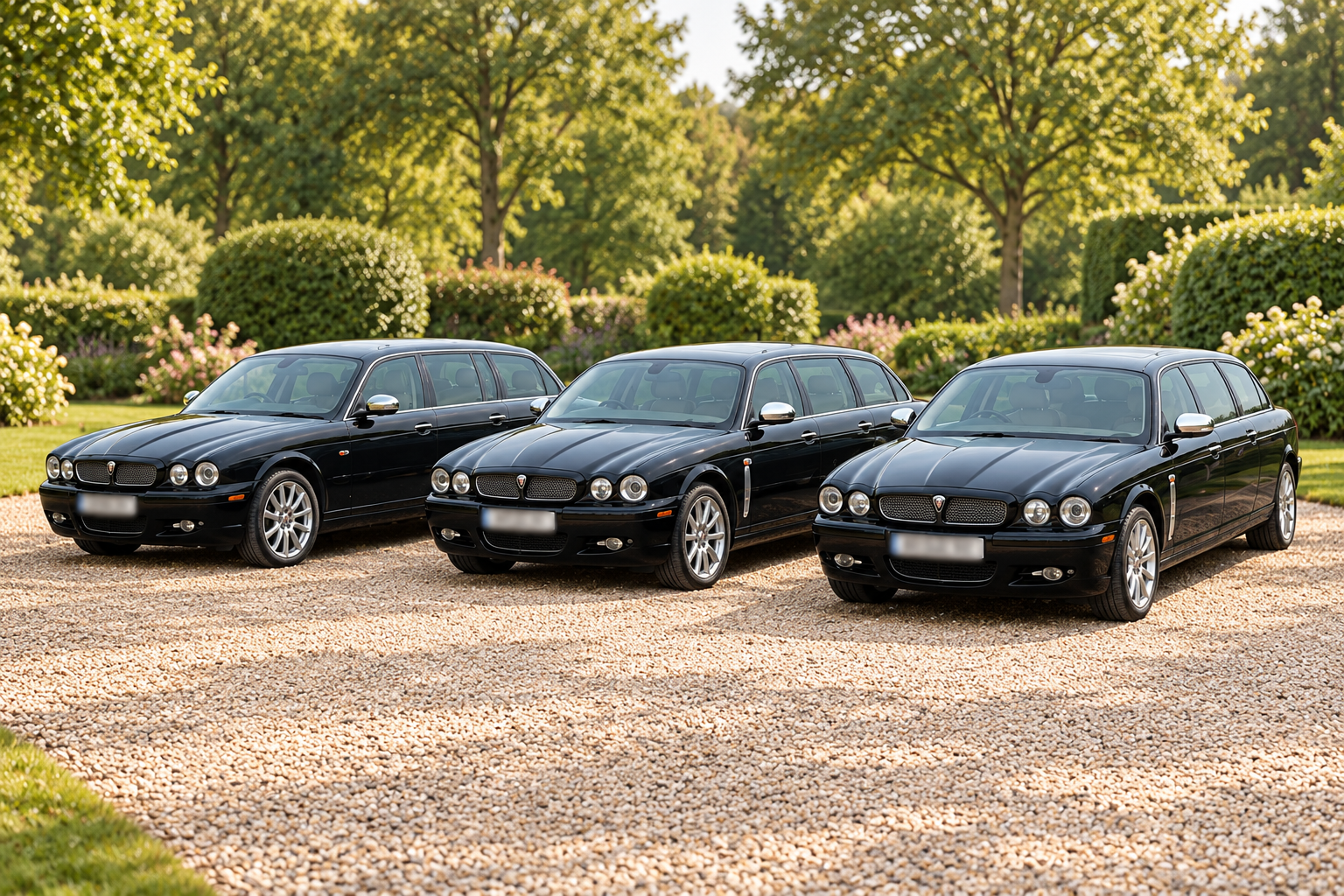 Three black Jaguar passenger limousines on a warm gravel driveway, with number plates softly obscured