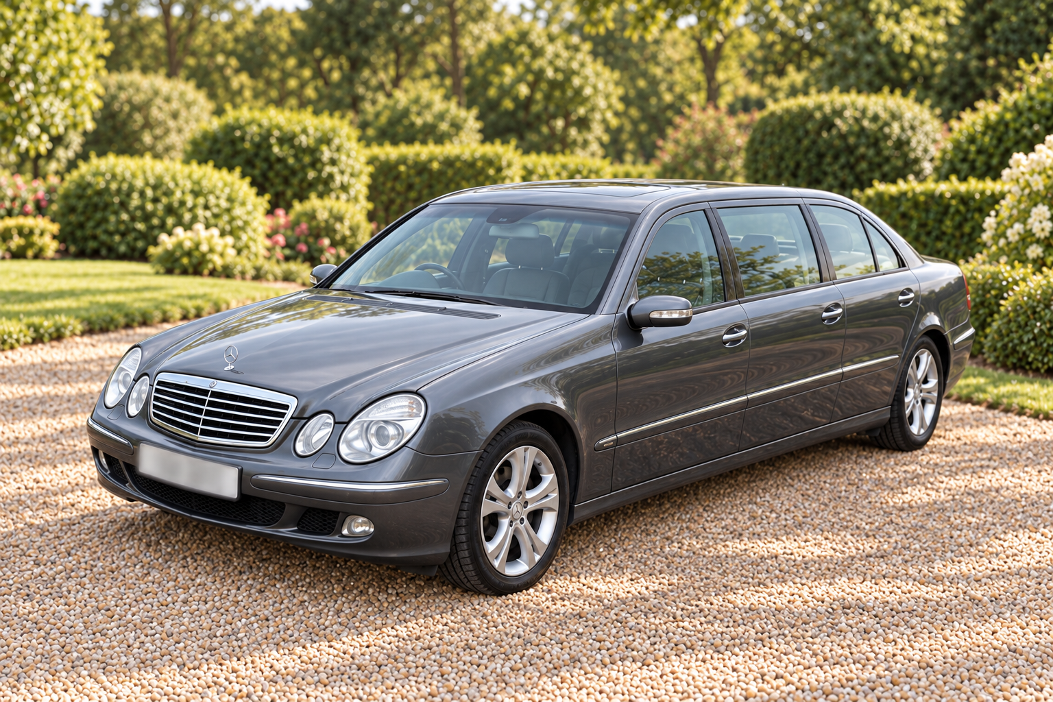 Silver-grey Mercedes passenger limousine in a garden setting, with its number plate softly obscured