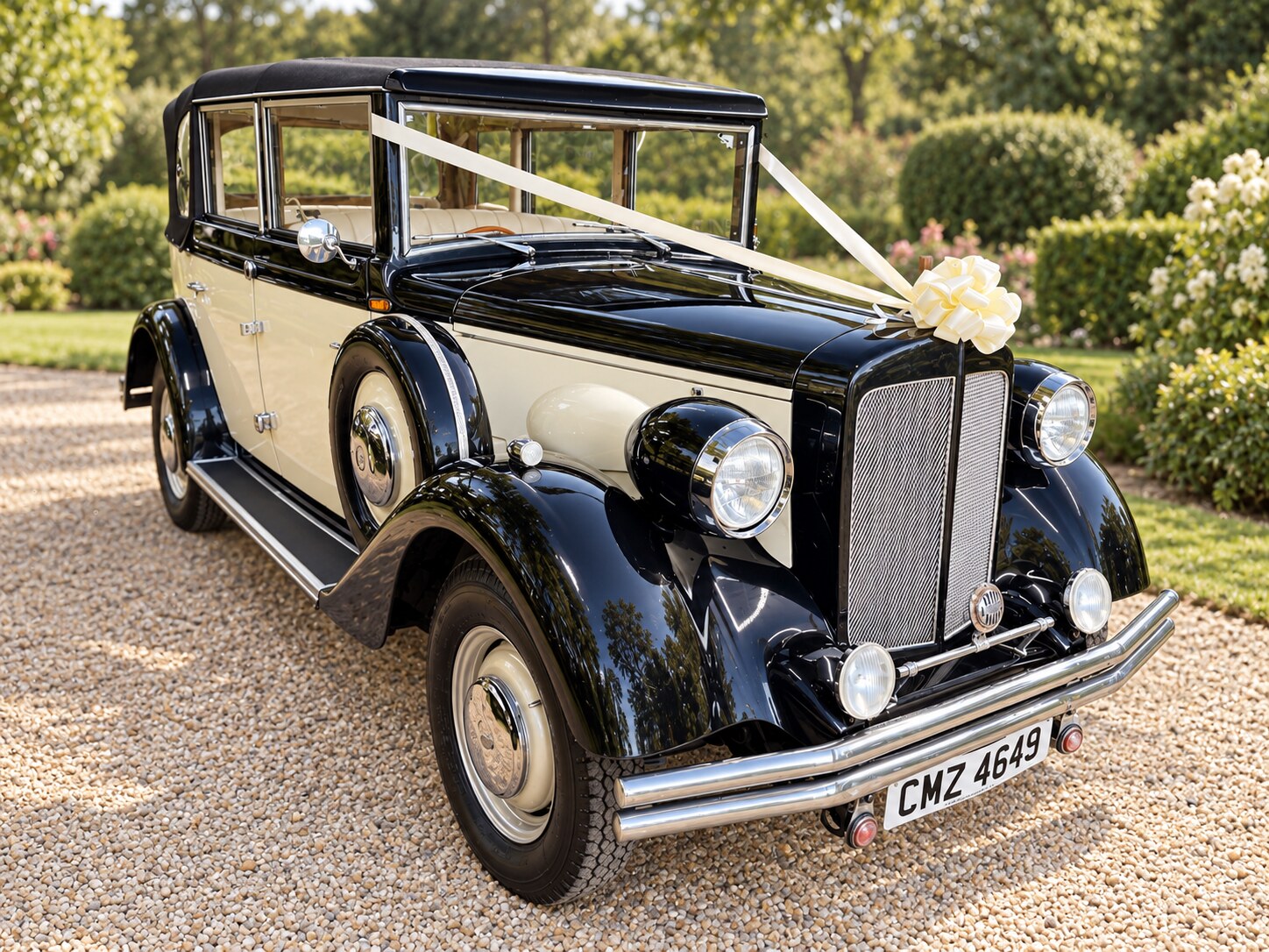 The black-and-cream Regent wedding car, dressed with ivory ribbons