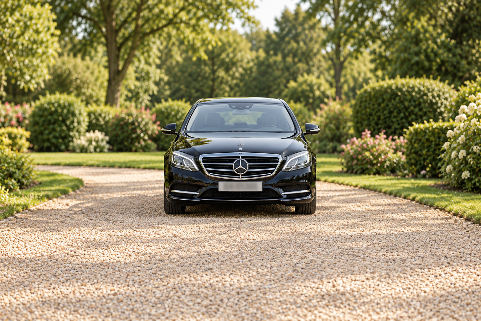 Front view of a black Mercedes passenger limousine in a matching garden setting, with its number plate softly obscured
